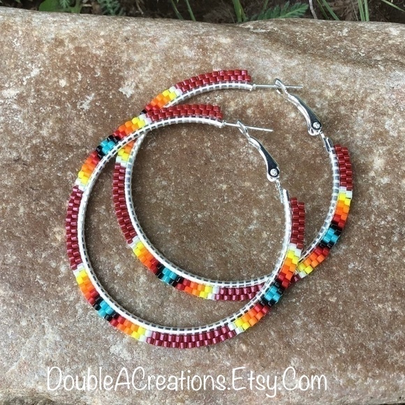 Red with Native Colors Beaded Hoops, New, Handmade by Me